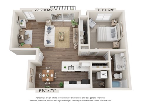 Floor plan for 1 bed, 1 bath, 863 sqft